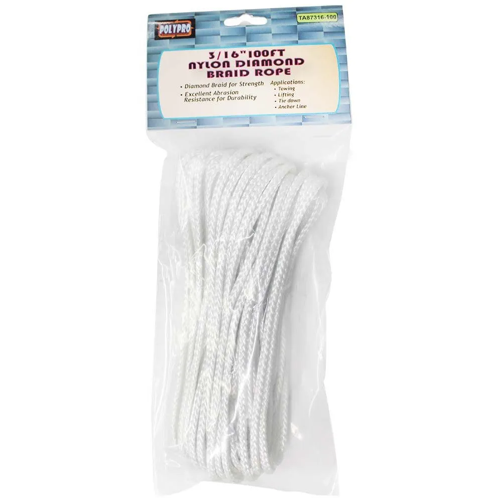 3/16" x 100' Diamond Braided Nylon, Multi-purpose Rope - 90 Pound Working Load Capacity  - TA-28471