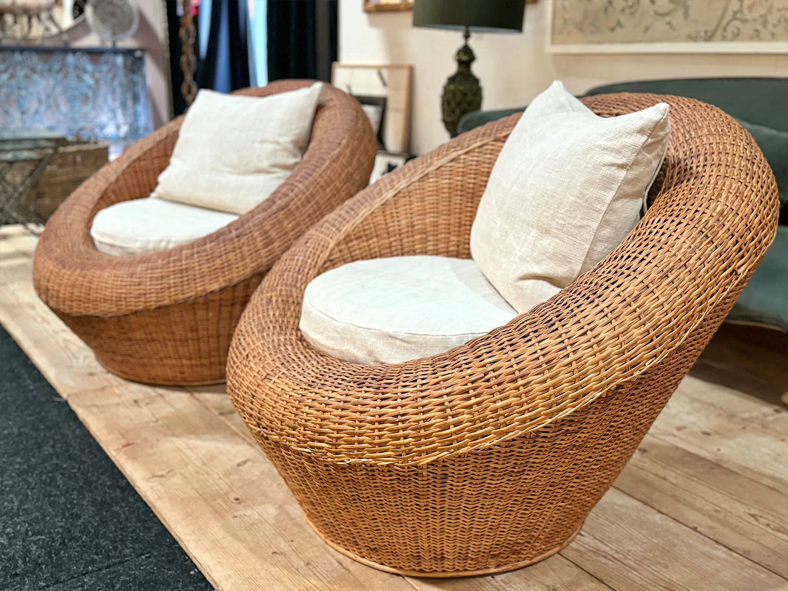 A Very Large Pair of Round Woven Rattan 1970's Lounge Chairs