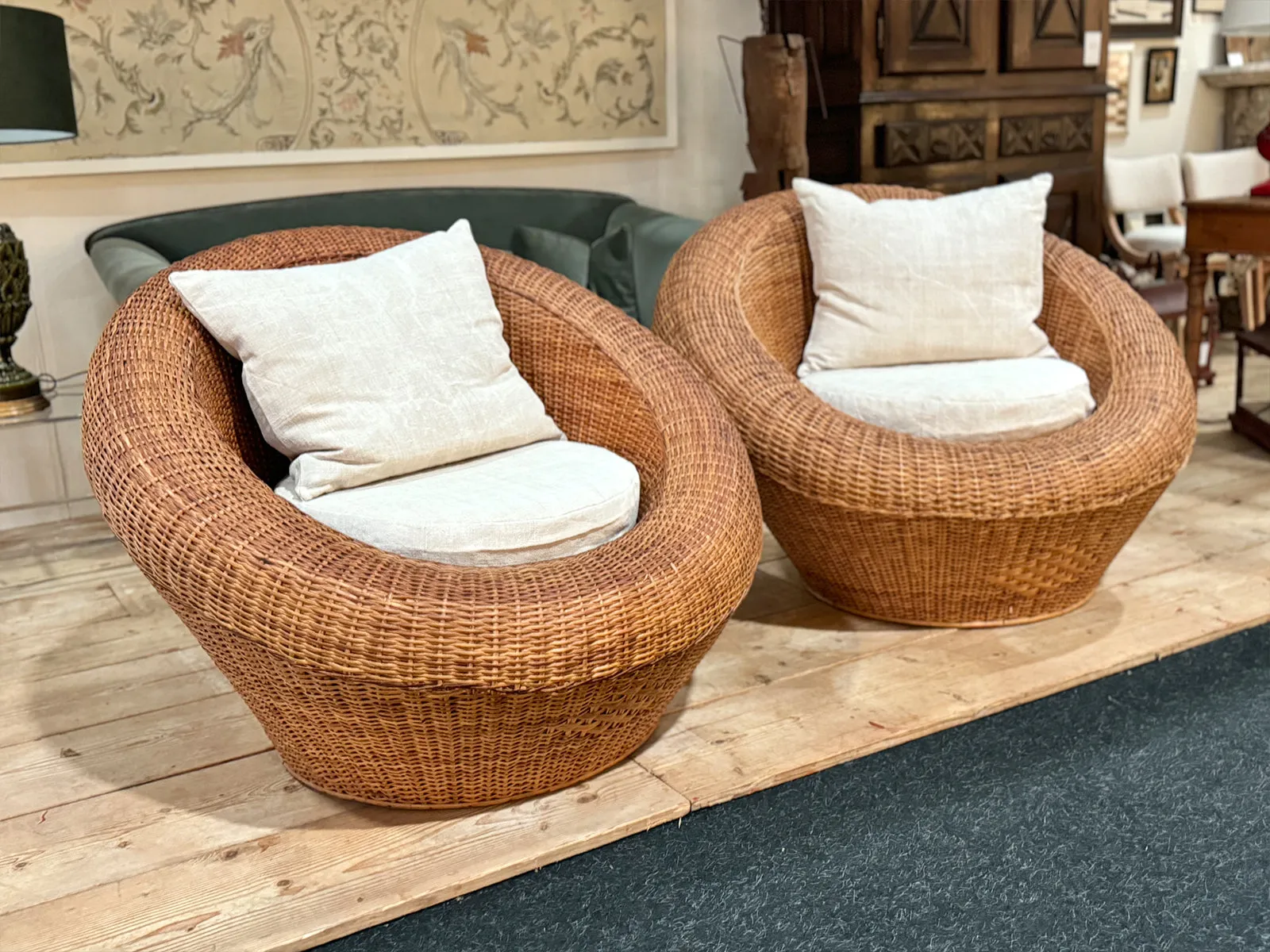 A Very Large Pair of Round Woven Rattan 1970's Lounge Chairs