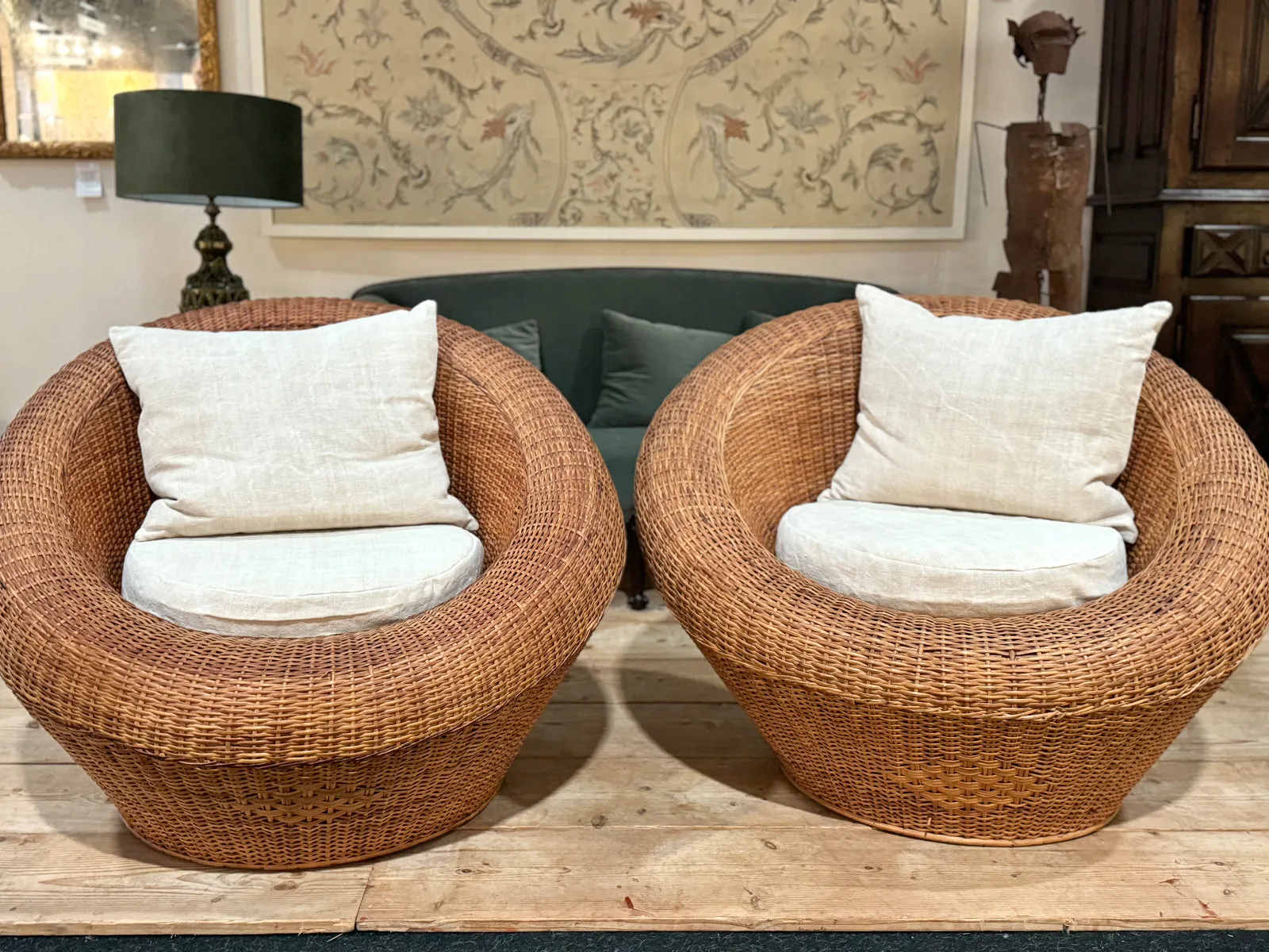 A Very Large Pair of Round Woven Rattan 1970's Lounge Chairs