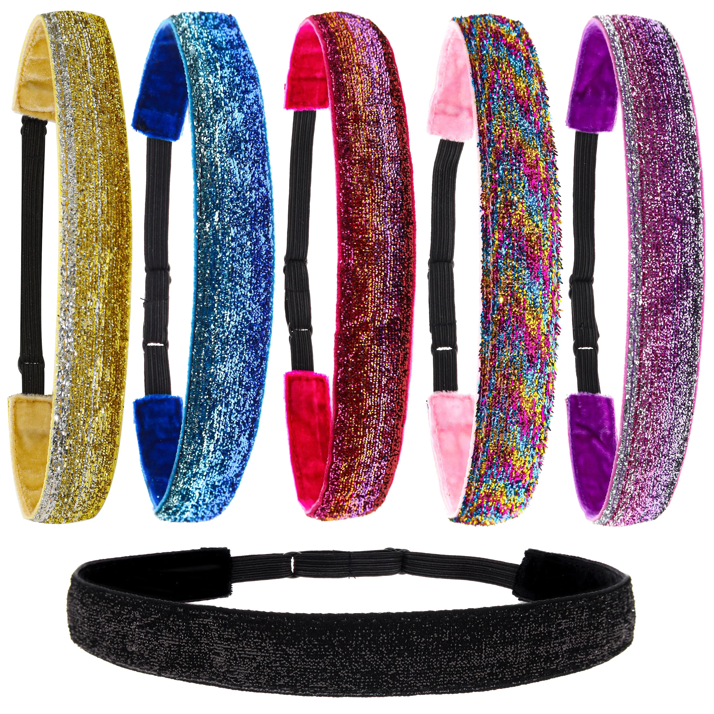 Adjustable No Slip Glitter Headbands - 6 Pack