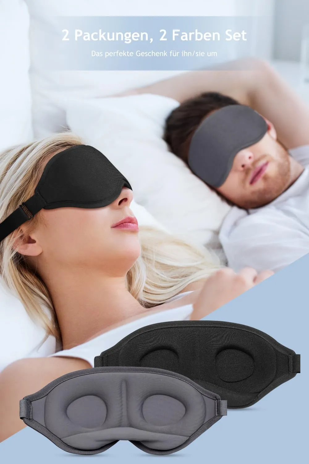 Eye Mask for Sleeping, 2 Packs 3D Contoured Cup Sleep Mask for Men Women, Soft Breathable Blackout Blindfold, Travel Eye Cover, Night Sleeping Mask with Adjustable Buckle for Side Sleeper (Black Gray)