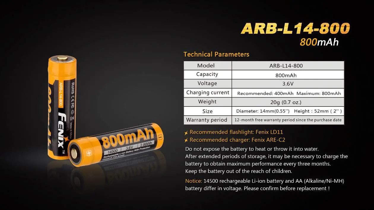 Fenix ARB-L14-800 Li-ion Micro USB rechargeable 800mAh high capacity 3.6 volt 14500 AA alternative battery