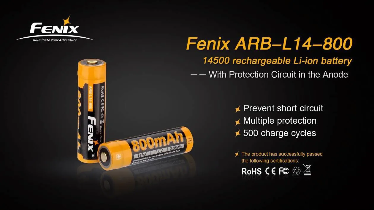 Fenix ARB-L14-800 Li-ion Micro USB rechargeable 800mAh high capacity 3.6 volt 14500 AA alternative battery