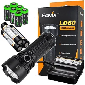 Fenix LD60 2800 Lumen triple CREE XM-L2 (U2) LED Flashlight with Fenix ARE-C1 battery charger, 3 X Fenix 18650 ARB-L2M rechargeable batteries and six EdisonBright CR123A Lithium batteries bundle