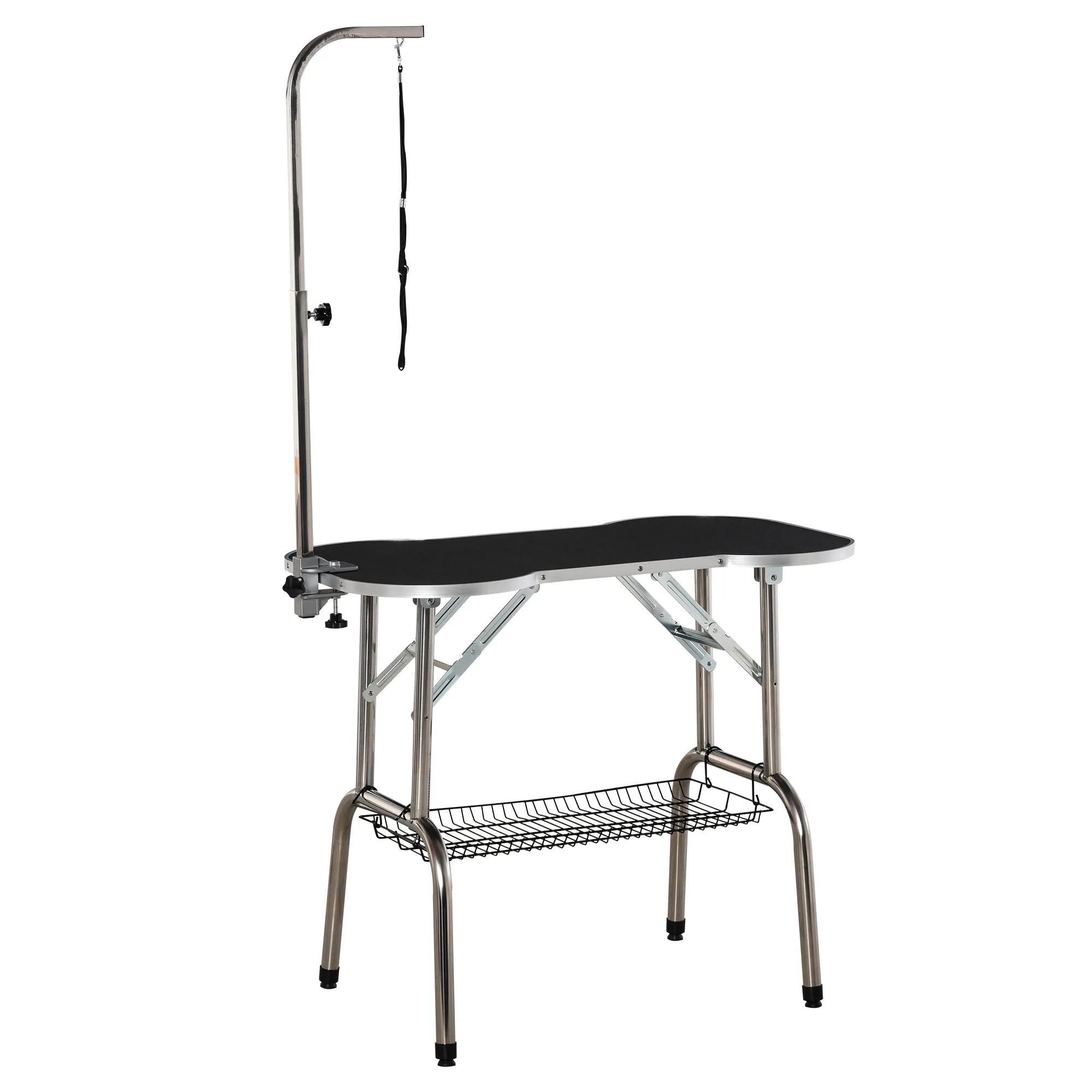 Foldable Pet Grooming Table Dog Drying Table with Adjustable Arm Non-Slip Rubber Tabletop Aluminium Alloy Edge Stainless Steel Bar Sling Black