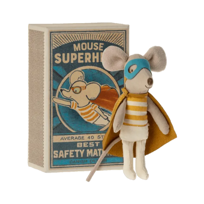 Maileg Little brother in matchbox super hero mouse