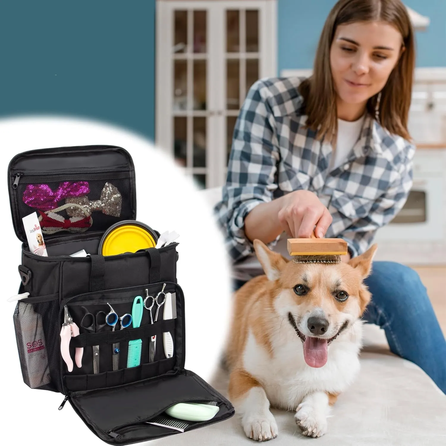 Pet Grooming Tote Bag, Cat Grooming Tools Organizer Bag, Dog Grooming Supplies Organizer Storage for Pets Grooming Kit and Dog Wash Shampoo Accessories(Bag Only) (Black- New)