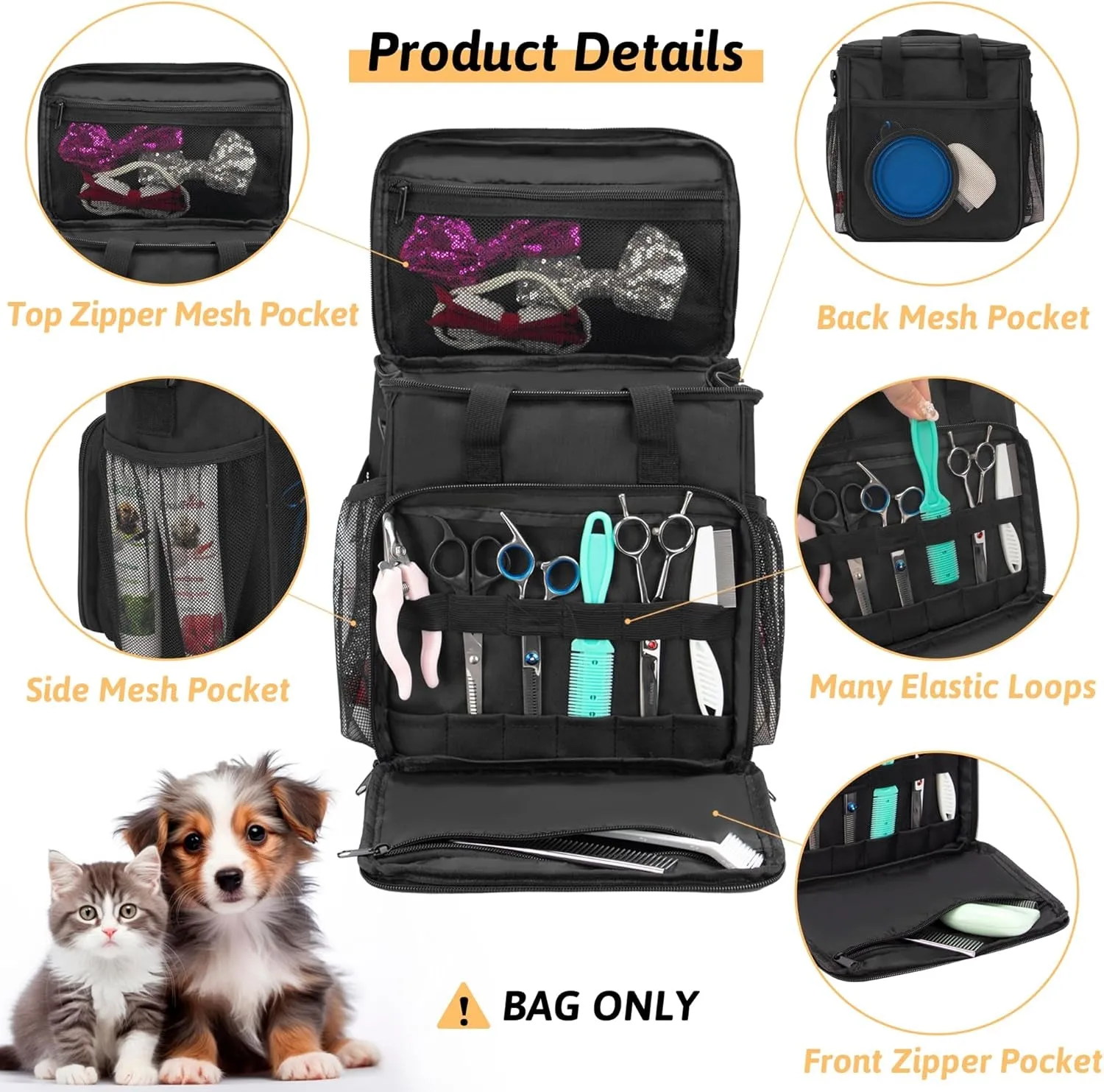 Pet Grooming Tote Bag, Cat Grooming Tools Organizer Bag, Dog Grooming Supplies Organizer Storage for Pets Grooming Kit and Dog Wash Shampoo Accessories(Bag Only) (Black- New)