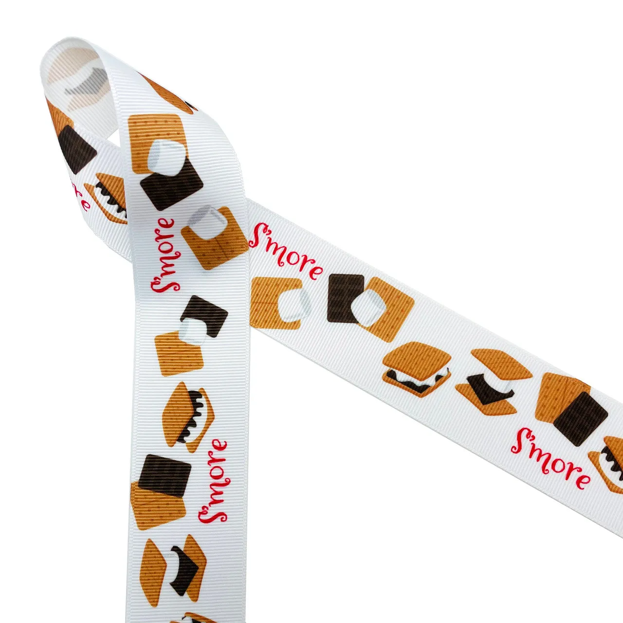 S'mores ribbon printed on 1.5" white grosgrain