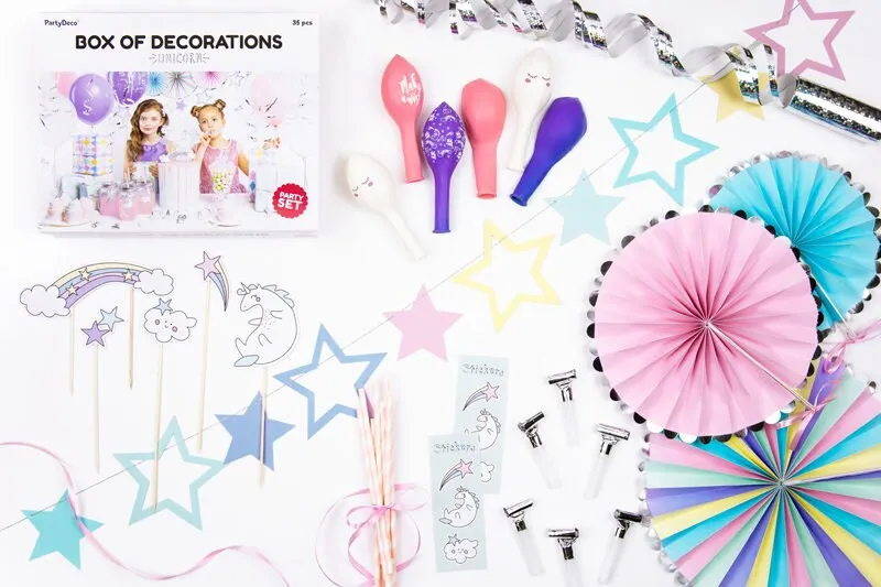 Unicorn Birthday Kit, Includes 1 Garland, 3 Paper Fans, 5 Cake Toppers, 10 Straws, 6 Balloons, 6 Whistles, 1 Streamer,   more!